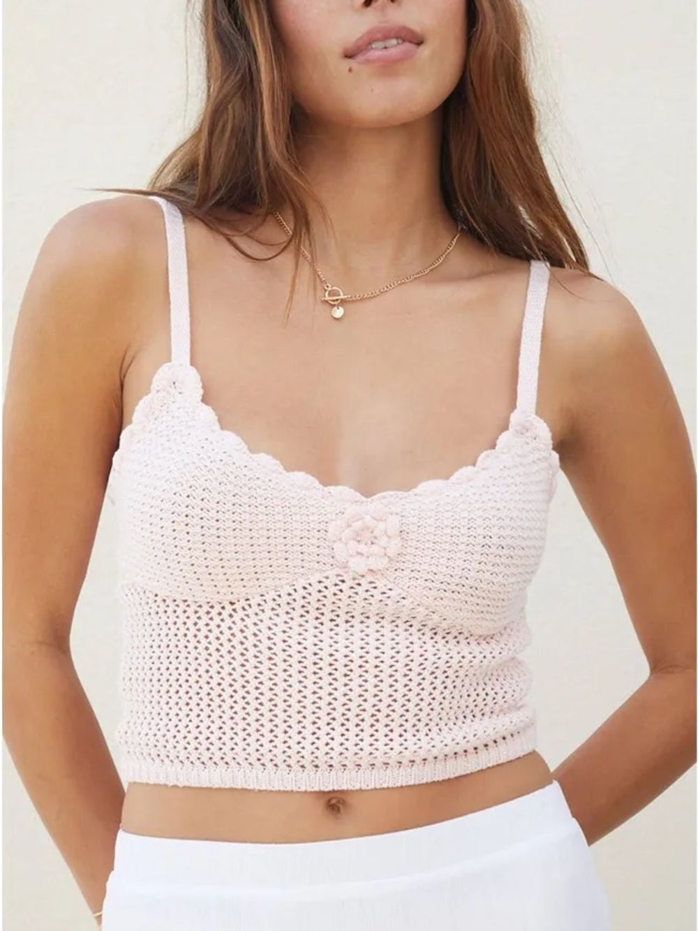 Beverly & Beck PacSun Pink Knit Cami Top M Cotton Rose Detail Y2K Romantic Style